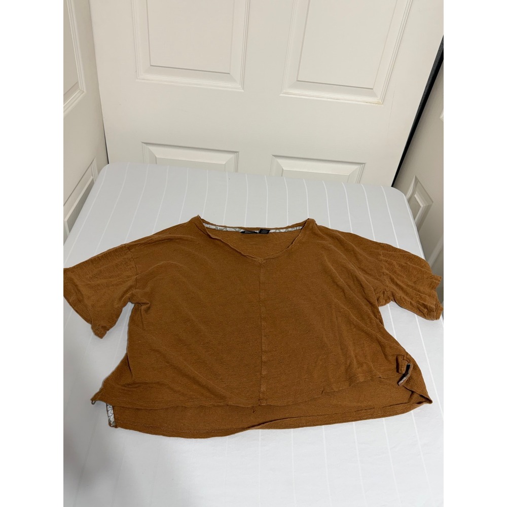 Tahari Women XL Cognac Brown 100% Linen V-Neck Short Sleeve Relaxed Knit Top